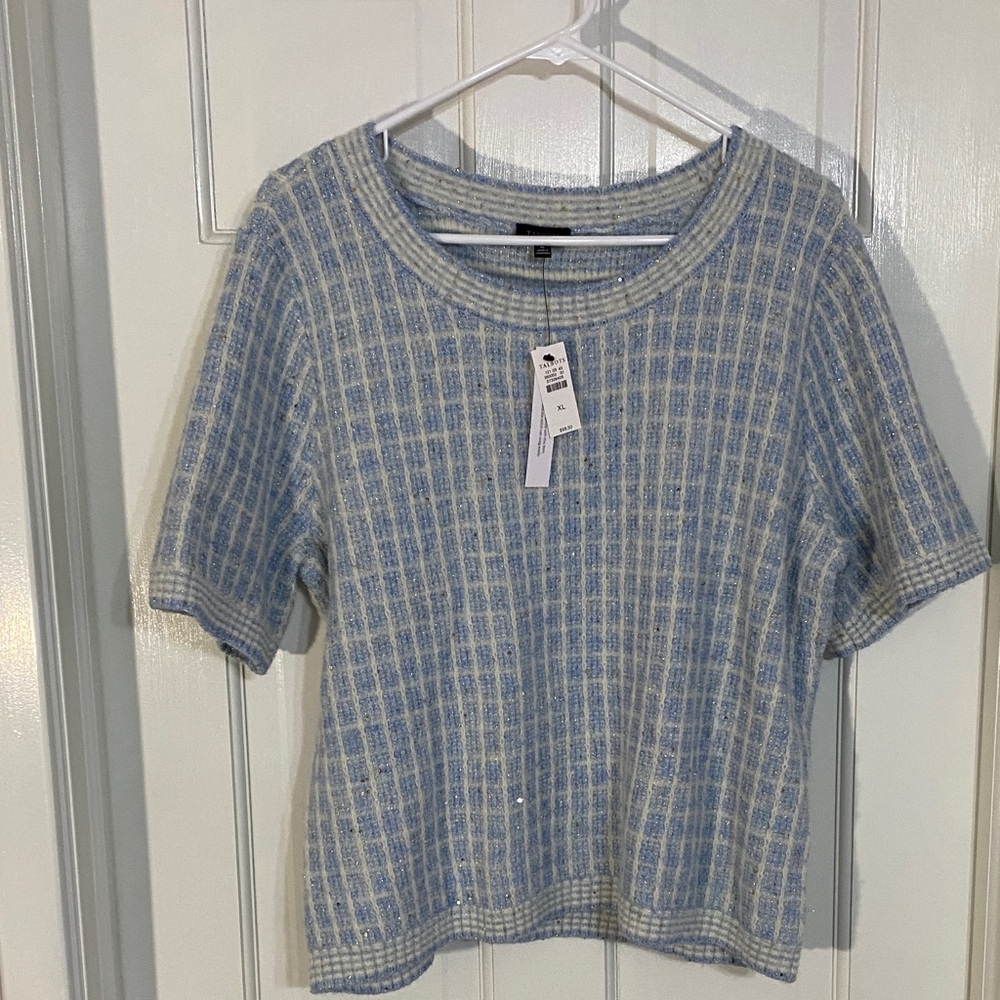 Talbots Blue and Cream Checkered Short Sleeve Top with Sequins NWT XL ❤️❤️❤️❤️